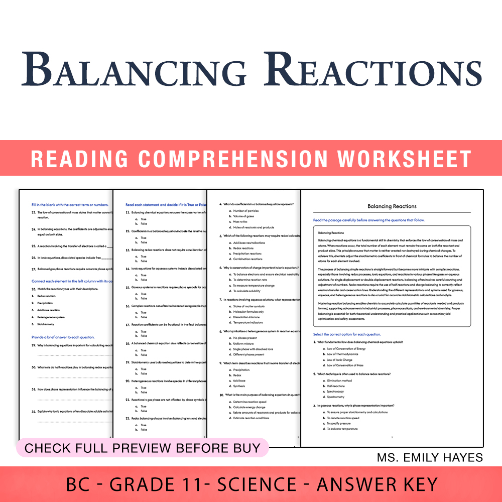Grade 11 Science worksheet worksheet — 11th Grade Science | Balancing Reactions Worksheet (PDF + Answer Key) — page 1