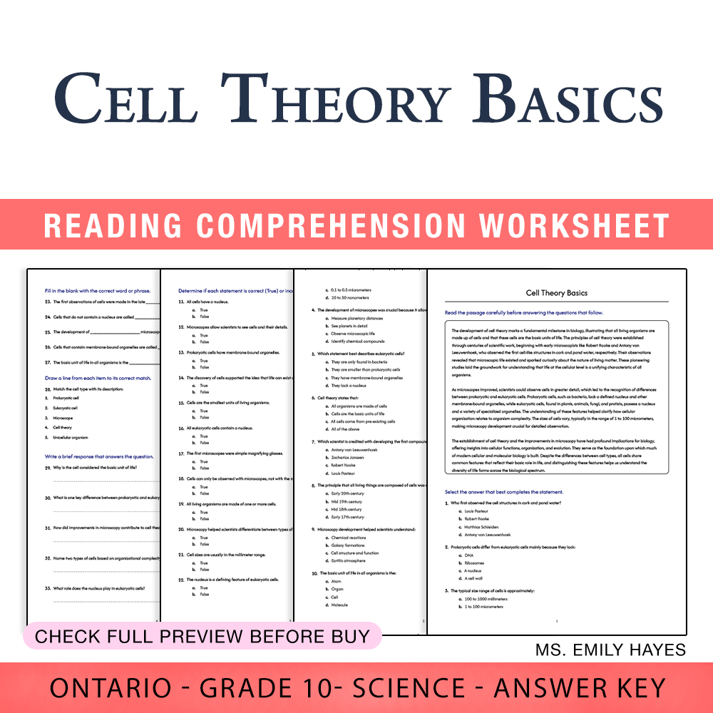 Grade 10 Science worksheet worksheet — Grade 10 Science | Cell Theory Basics Worksheet (PDF + Answer Key) — page 1