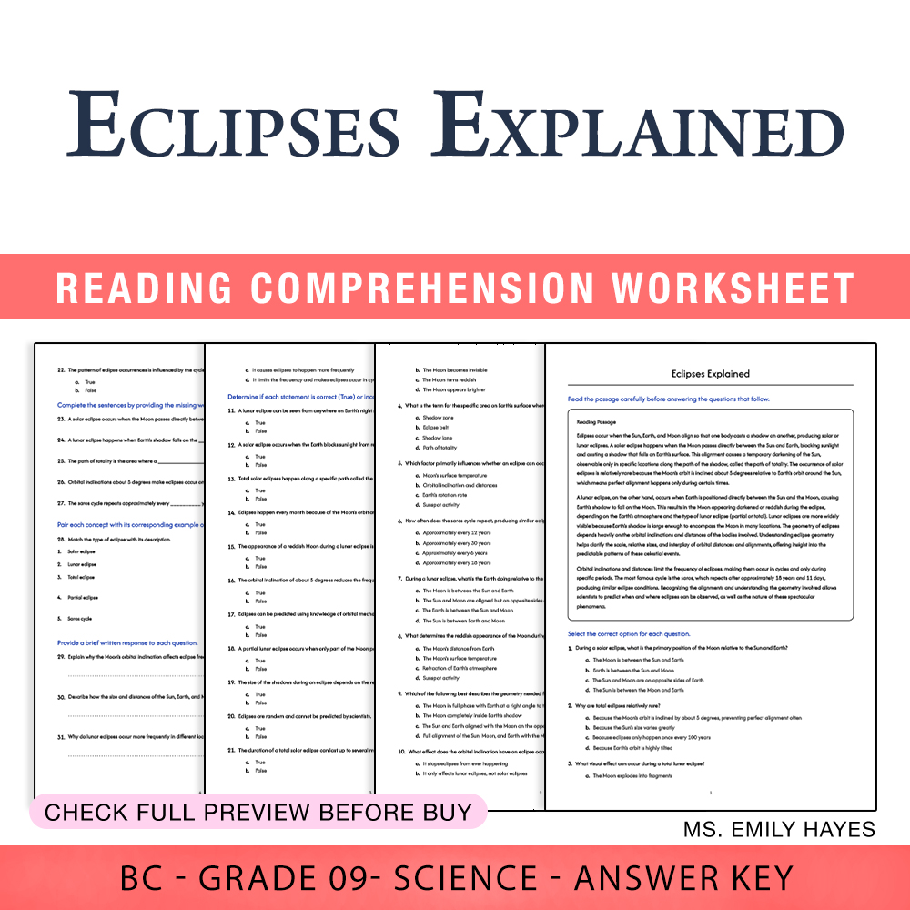 Grade 9 Science worksheet worksheet — Grade 9 Science | Eclipses Explained Worksheet (PDF+ Answer Key) — page 1