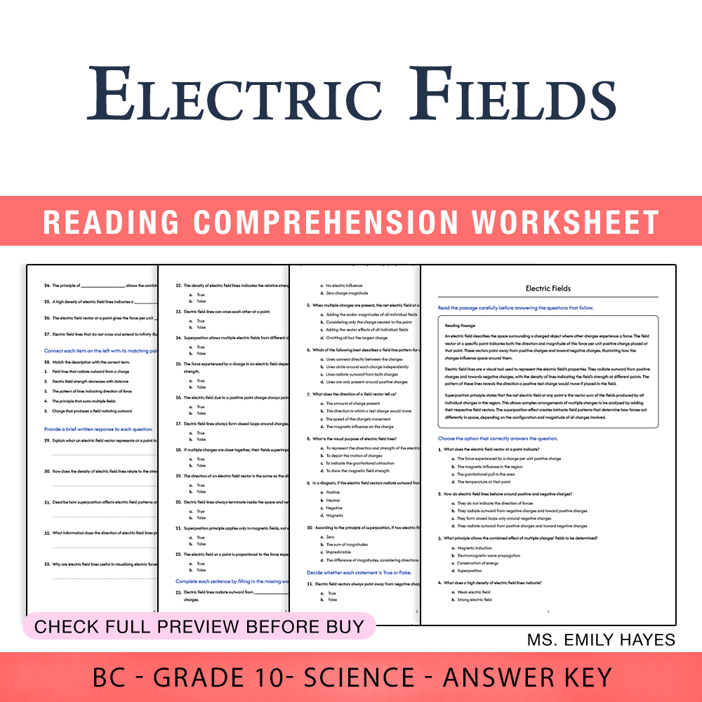 Grade 10 Science worksheet worksheet — Grade 10 Science | Electric Fields Worksheet (PDF+ Answer Key) — page 1