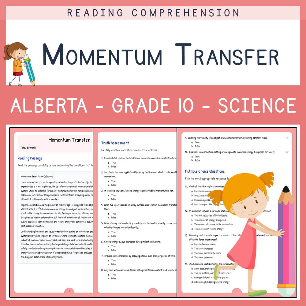 Grade 10 Science worksheet elena worksheet — Grade 10 Science | Momentum Transfer Worksheet | Alberta Standards — page 1