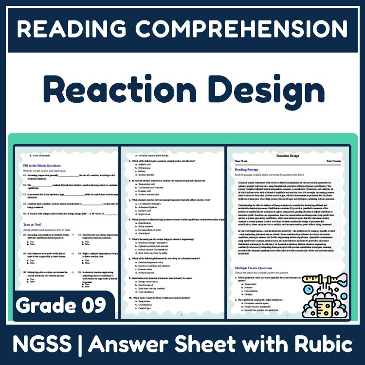 Grade 9 Science reading worksheets worksheet — Grade 9 Science | Reaction Design Reading Worksheets (PDF + Rubric) — page 1