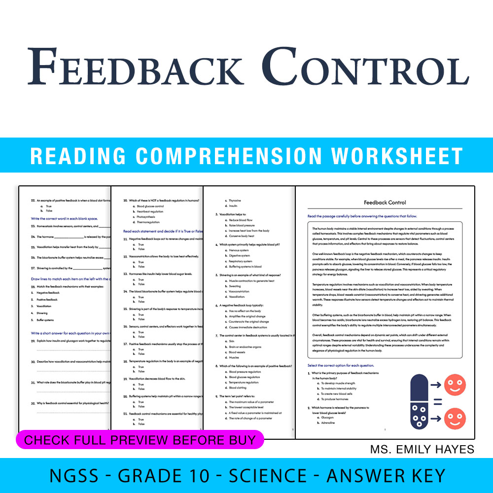 Grade 10 Science — worksheet — Grade 10 Science | Feedback Control Worksheet (PDF+ Answer Key) — page 1