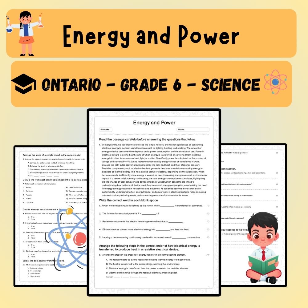 Grade 6 Science worksheet worksheet — 6th Grade Science | Energy and Power Worksheet (PDF ) – Ontario Standards — page 1