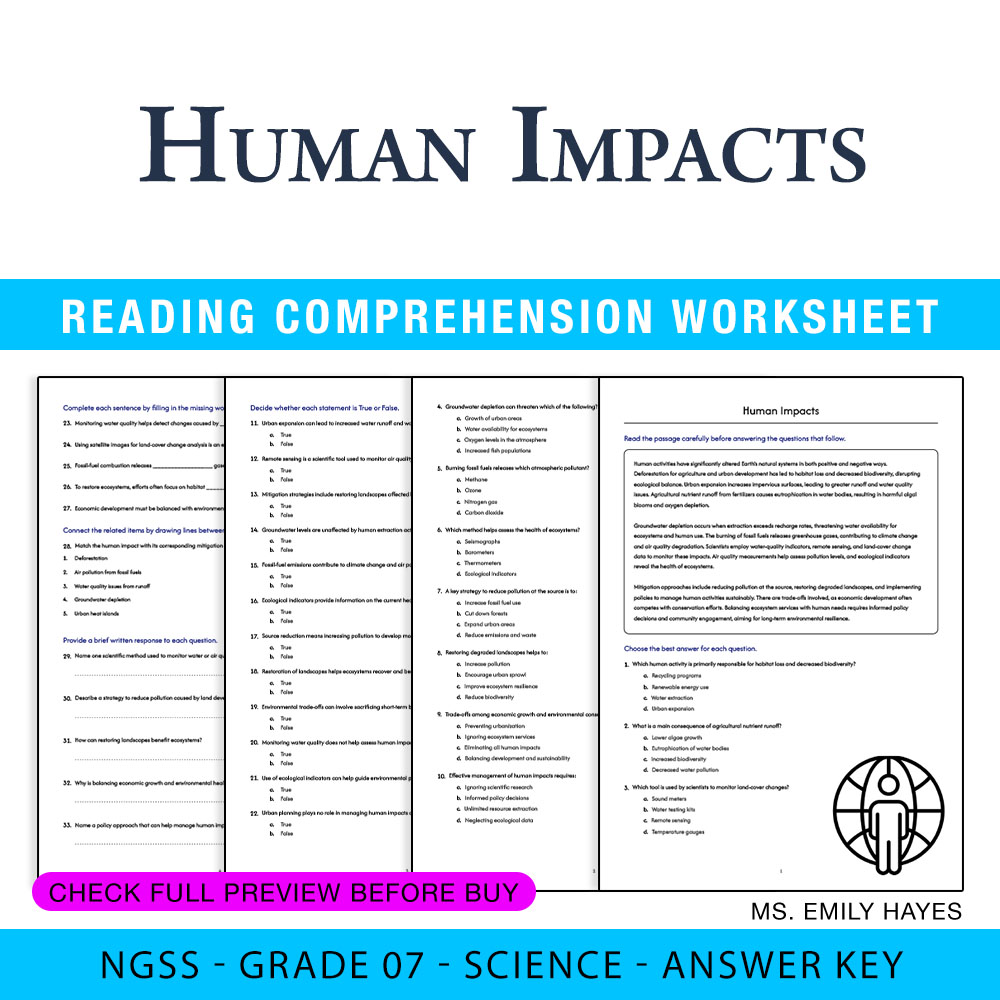 Grade 7 Science worksheet worksheet — 7th Grade Science | Human Impacts Worksheet (PDF+ Answer Key) — page 1