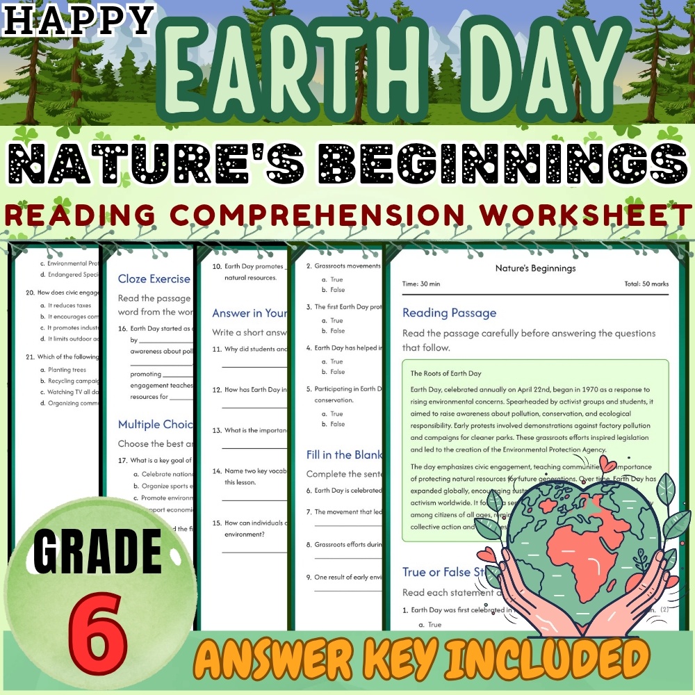 Grade 6 Earth Day Worksheet | Nature's Beginnings PDF + Answer Key