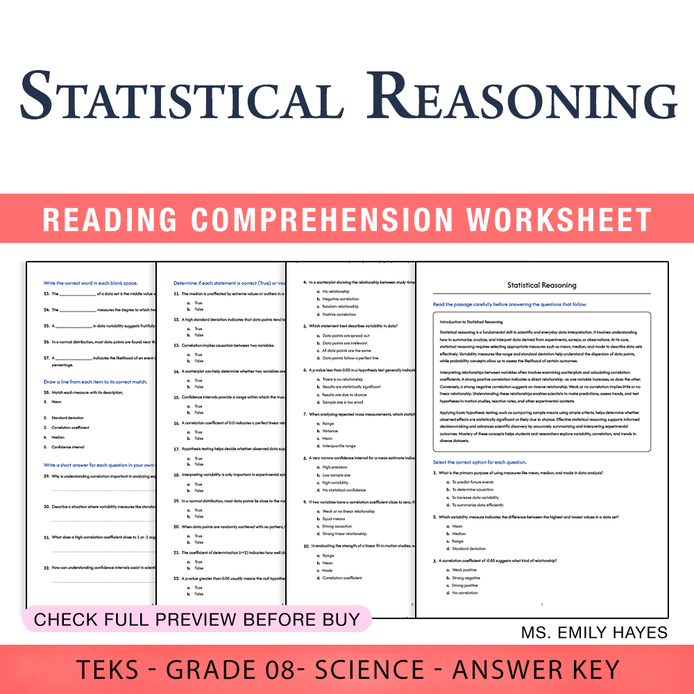 Grade 8 Science worksheet worksheet — 8th Grade Science | Statistical Reasoning Worksheet (PDF+ Answer Key) — page 1