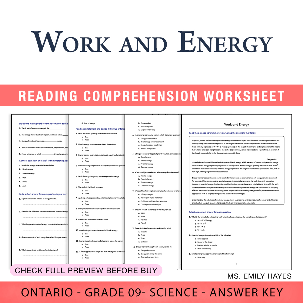 Grade 9 Science worksheet worksheet — Grade 9 Science | Work and Energy Worksheet (PDF + Answer Key) — page 1