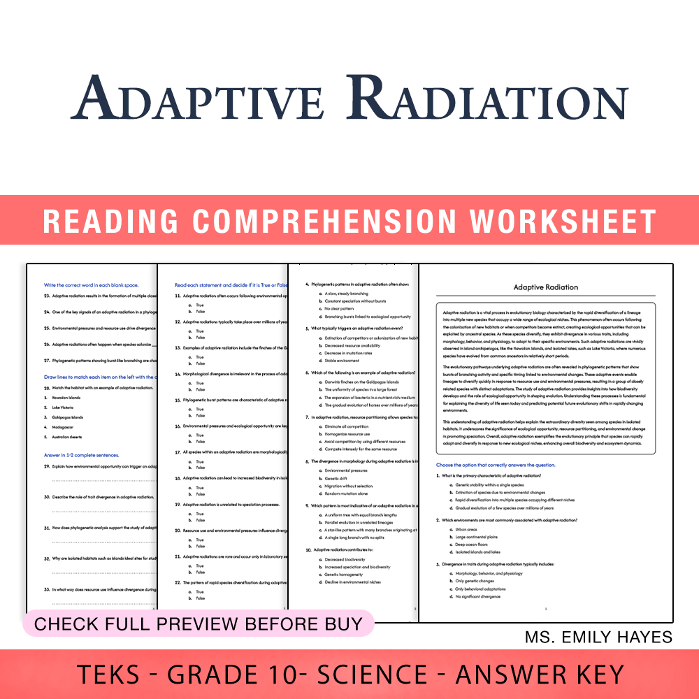 Grade 10 Science worksheet worksheet — 10th Grade Science | Adaptive Radiation Worksheet (PDF+ Answer Key) — page 1