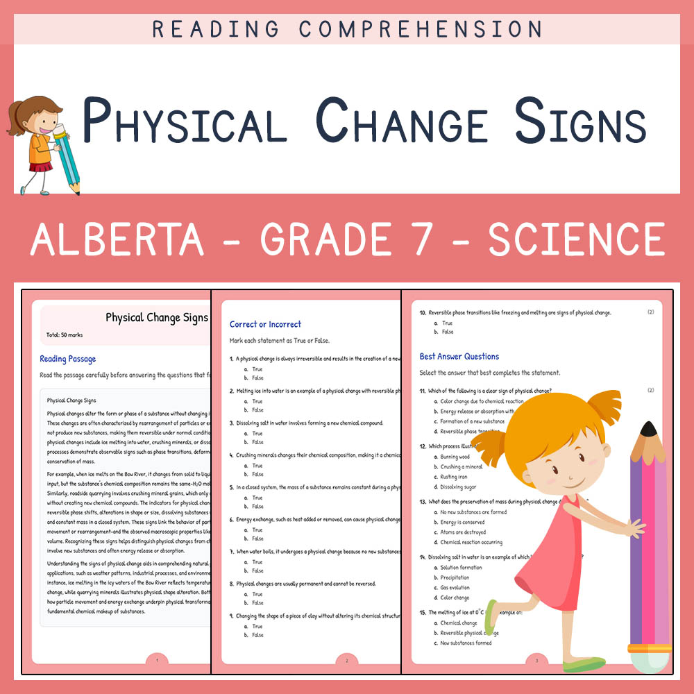 Grade 7 Science worksheet elena worksheet — Grade 7 Science | Physical Change Signs | Alberta Standards — page 1