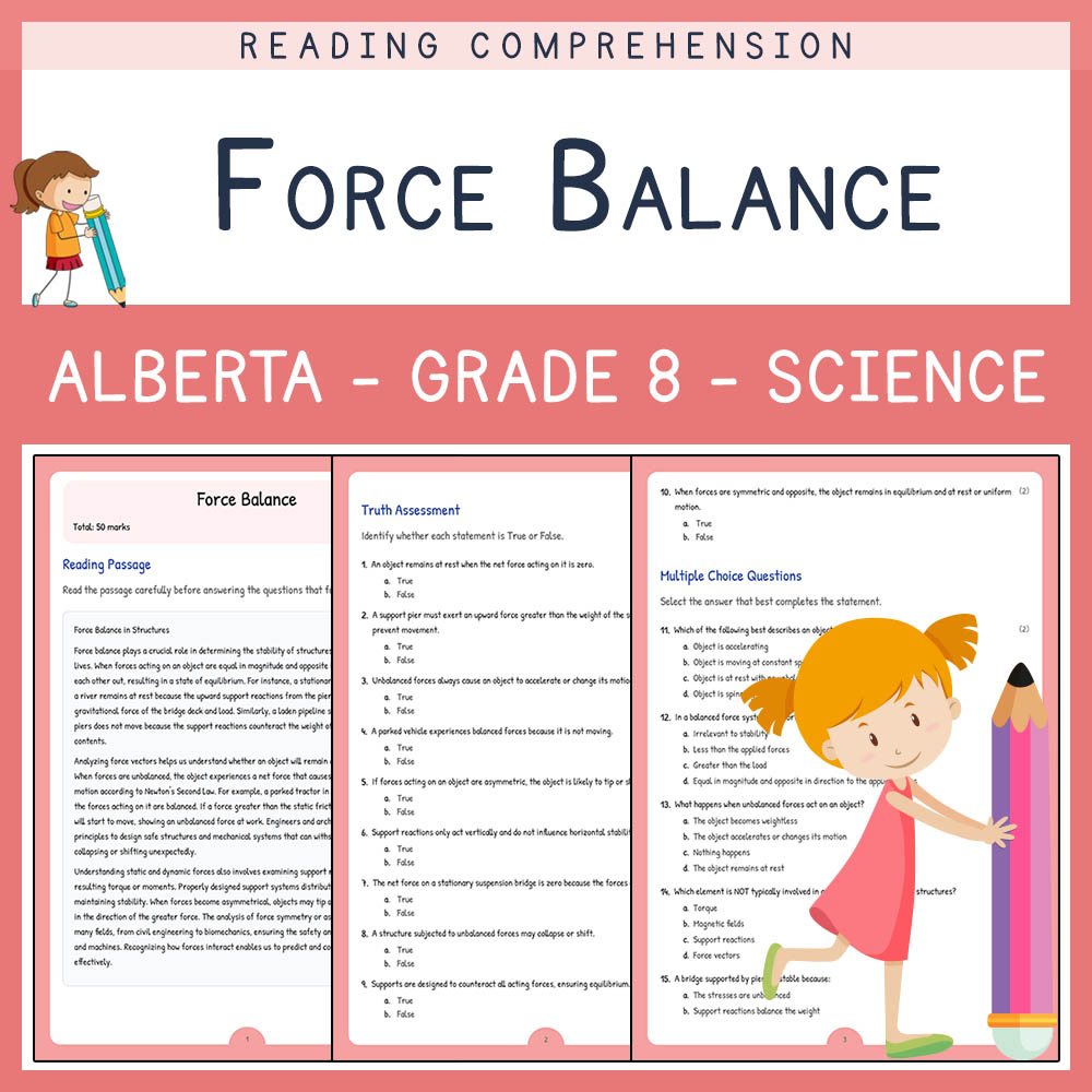 Grade 8 Science worksheet elena worksheet — Grade 8 Science | Force Balance Worksheet Elena | Alberta Standard — page 1
