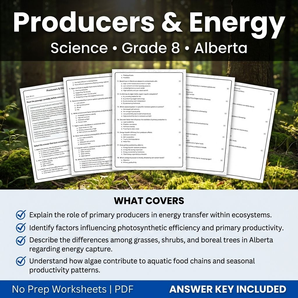 Producers & Energy Worksheet for Grade 8 Science | Alberta Standards