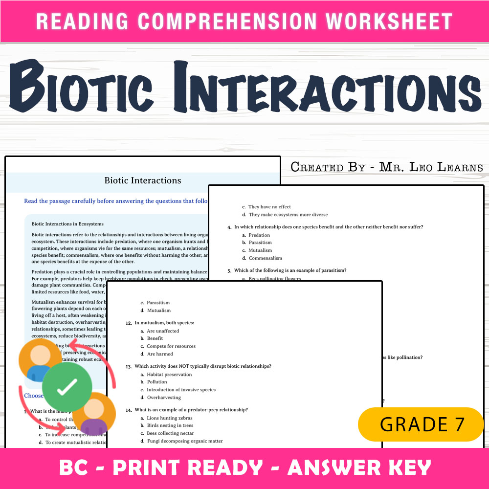 Grade 7 Science worksheet mcq paper worksheet — Grade 7 Science — Biotic Interactions Worksheet MCQ Paper — page 1