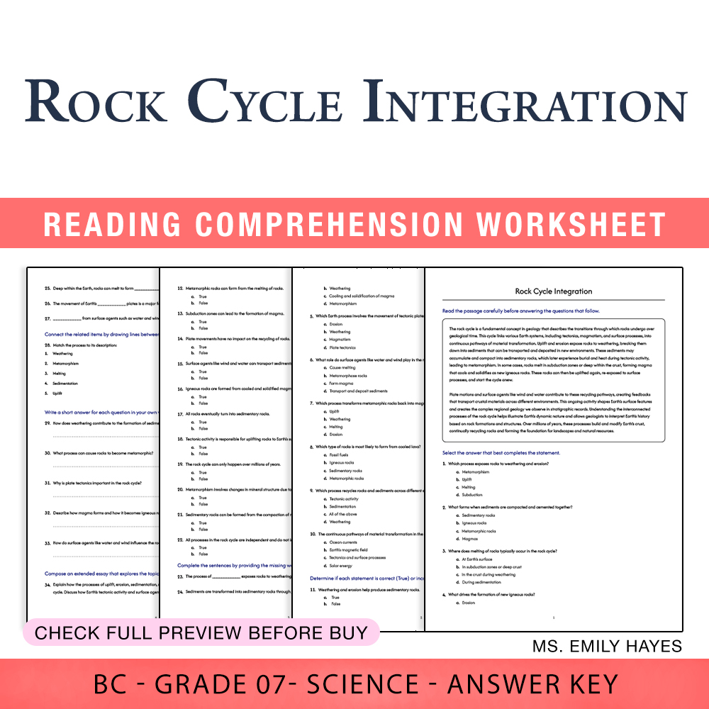 Grade 7 Science worksheet worksheet — 7th Grade Science | Rock Cycle Integration Worksheet (PDF + Answer Key) — page 1