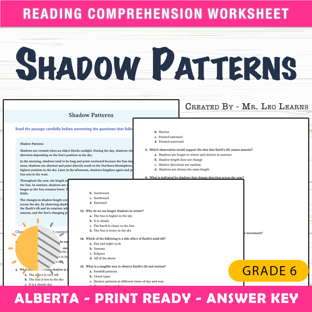 Grade 6 Science worksheet mcq paper worksheet — Grade 6 Science — Shadow Patterns Worksheet for Mastery — page 1