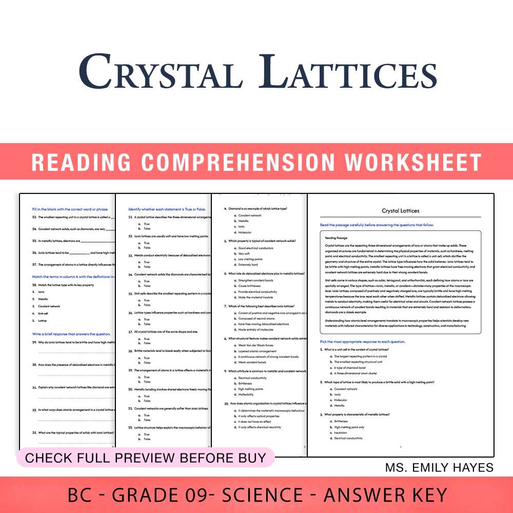 Grade 9 Science worksheet worksheet — 9th Grade Science | Crystal Lattices Worksheet (PDF+ Answer Key) — page 1