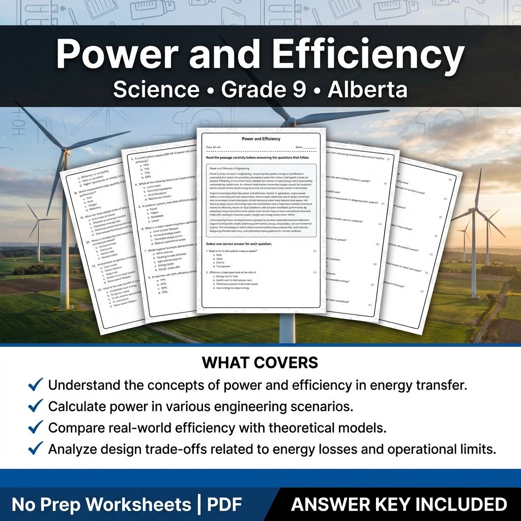 Power and Efficiency Worksheet for Grade 9 Science | Alberta Standards