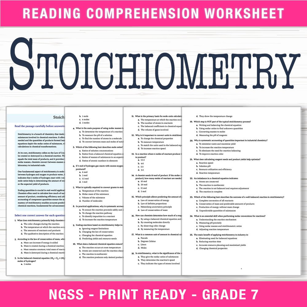 Grade 7 Science worksheet worksheet — Grade 7 Science | Stoichiometry Worksheet (PDF+ Answer Key) — page 1