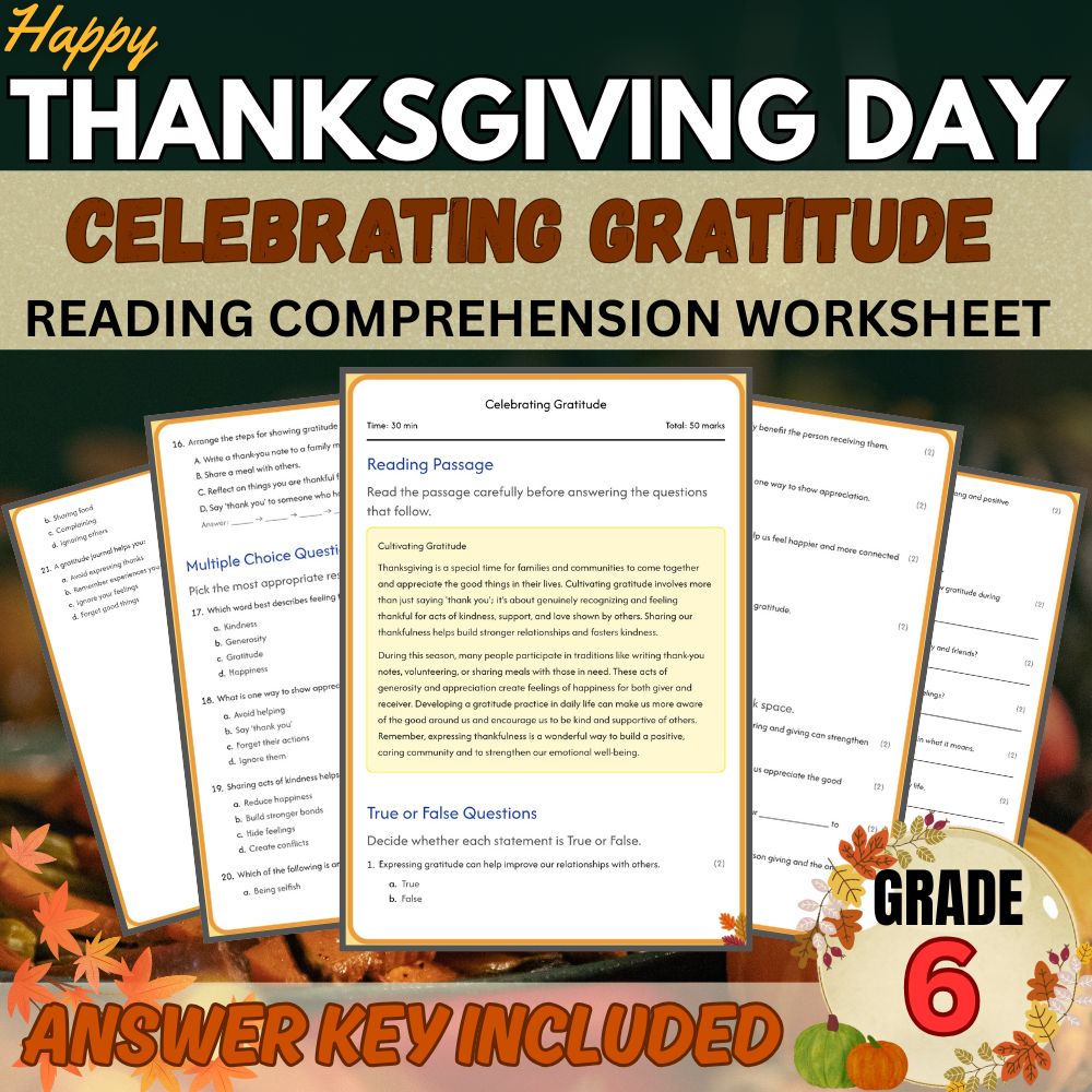 Grade 6  | Celebrating Gratitude Worksheet for Thanksgiving | PDF + Answer Key