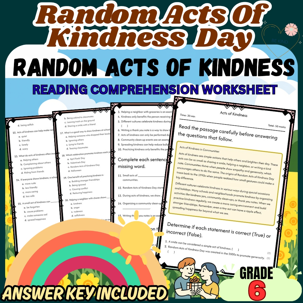 Grade 6 Holiday Random Acts of Kindness Worksheet for Mastery | PDF + Answer Key