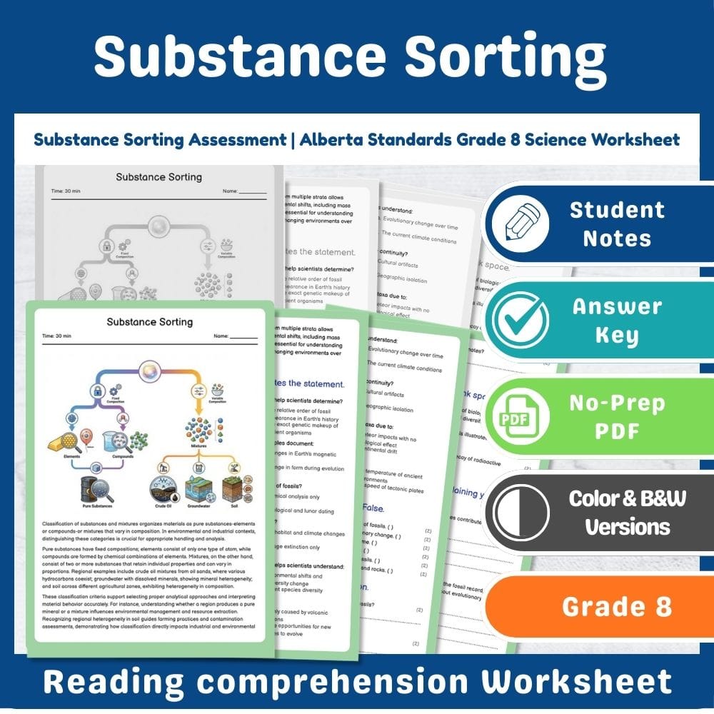 Grade 8 Science assessment worksheet — Substance Sorting Assessment | Alberta Standards Grade 8 Science Worksheet — page 1