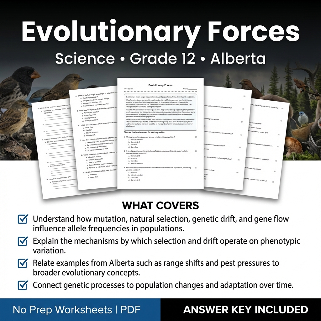 Evolutionary Forces Worksheet for Grade 12 Science | Alberta Standards