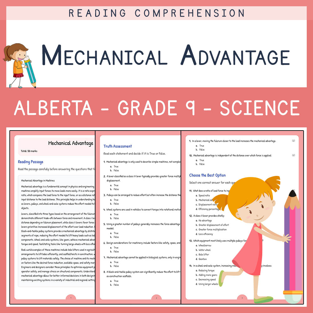 Grade 9 Science worksheet elena worksheet — Grade 9 Science | Mechanical Advantage Worksheet | Alberta Standards — page 1