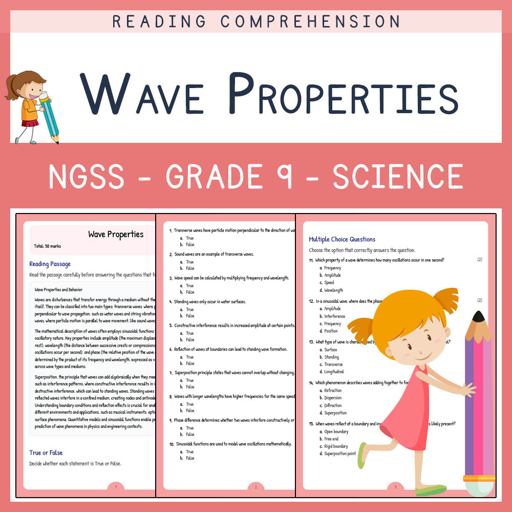 Grade 9 Science worksheet worksheet — Grade 9 Science | Wave Properties Worksheet (Answer Key) – NGSS Aligned — page 1