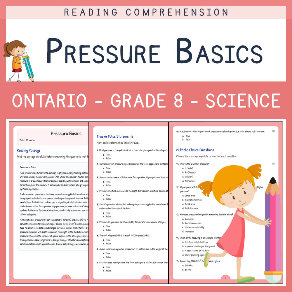 Grade 8 Science worksheet elena worksheet — Grade 8 Science Assessment | Pressure Basics Worksheet Elena | Ontario — page 1