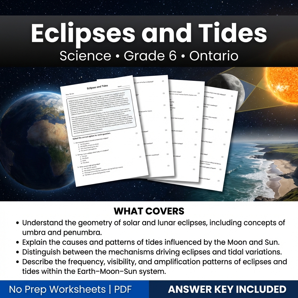 Grade 6 Science Worksheet on Eclipses and Tides | Ontario Standards