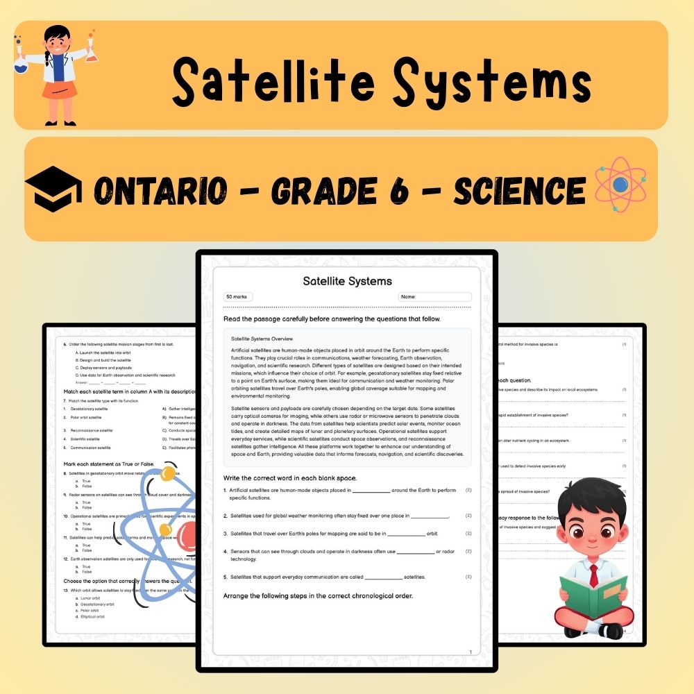 Grade 6 Science worksheet worksheet — 6th Grade Science | Satellite Systems Worksheet (PDF ) - Ontario Standards — page 1