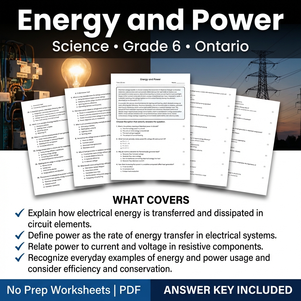 Energy and Power Grade 6 Science Worksheet | Ontario Standards