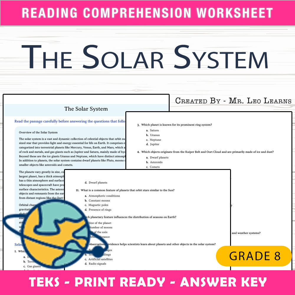 Grade 8 Science worksheet worksheet — 8th Grade Science — The Solar System Worksheet for Mastering Celestial Bodies — page 1