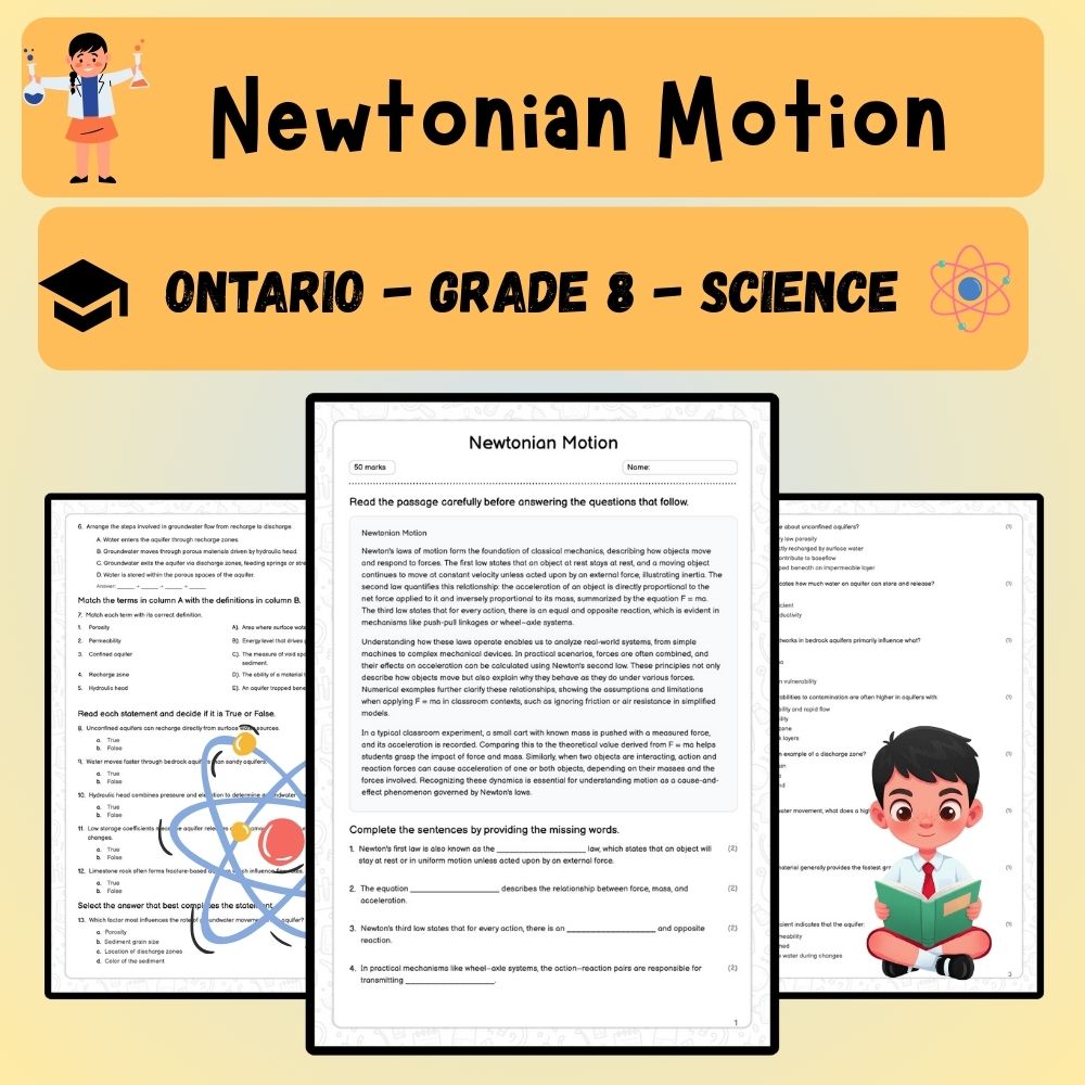 Grade 8 Science worksheet worksheet — Grade 8 Science | Newtonian Motion Worksheet (PDF) – Ontario Standards — page 1