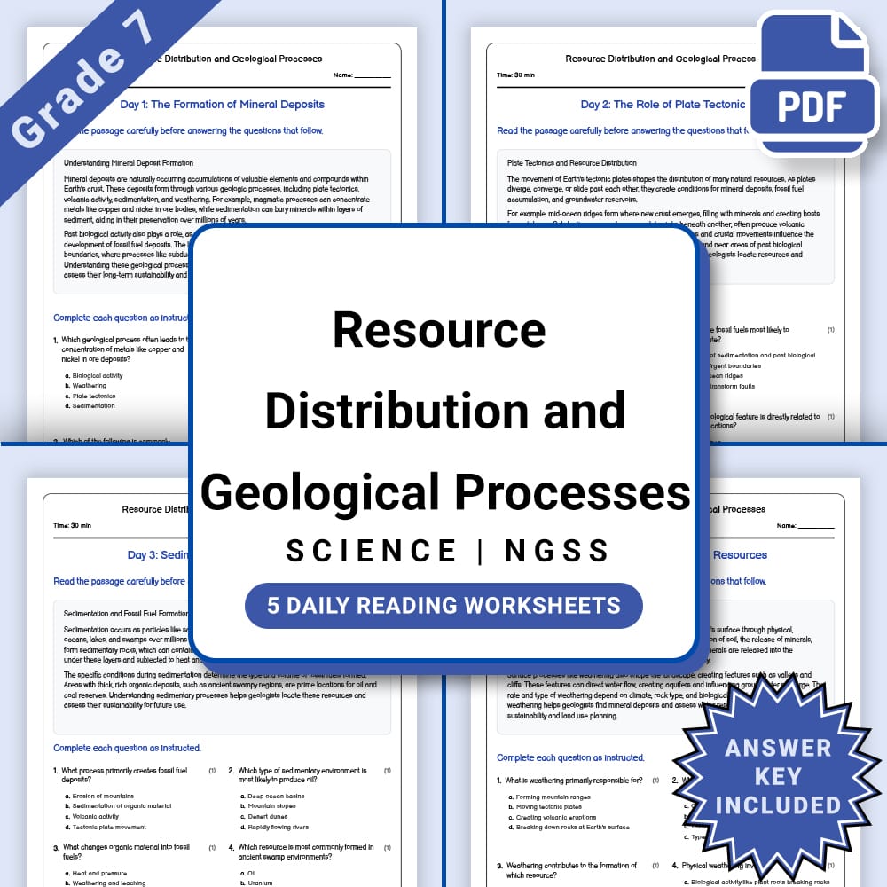 Grade 7 Science daily reading worksheet worksheet — Grade 7 Science – Resource Distribution and Geological Processes (PDF…