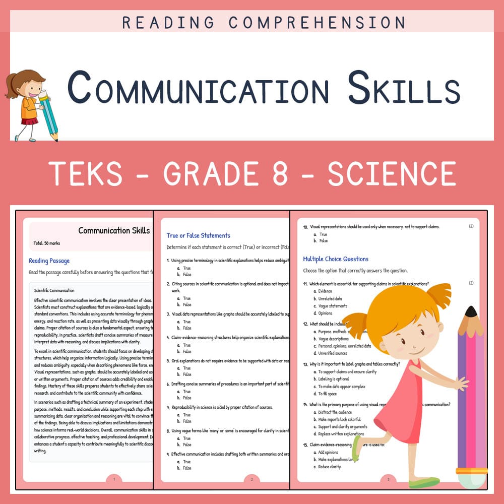 Grade 8 Science worksheet elena worksheet — Grade 8 Science | Communication Skills Worksheet | TEKS-Aligned — page 1
