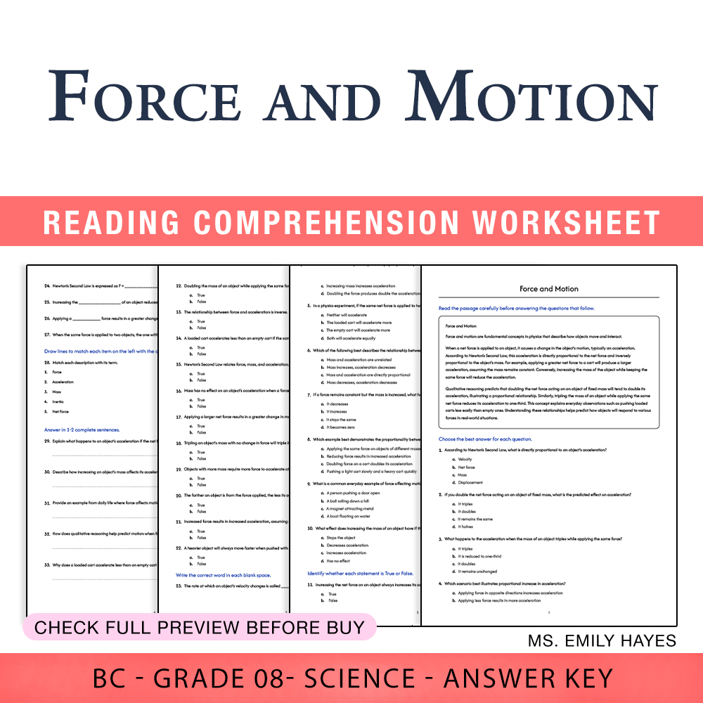 Grade 8 Science worksheet worksheet — 8th Grade Science | Force and Motion Worksheet (PDF+ Answer Key) — page 1