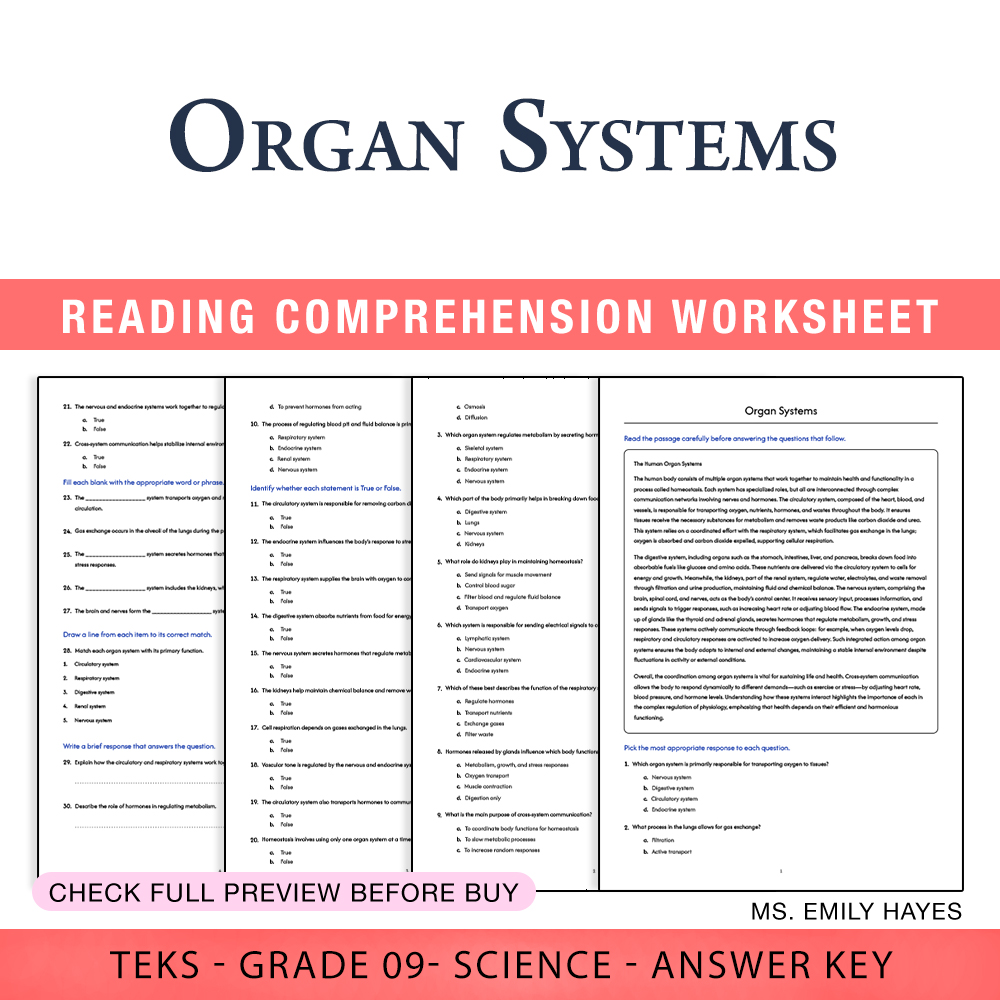 Grade 9 Science worksheet worksheet — 9th Grade Science | Organ Systems Worksheet (PDF+ Answer Key) — page 1