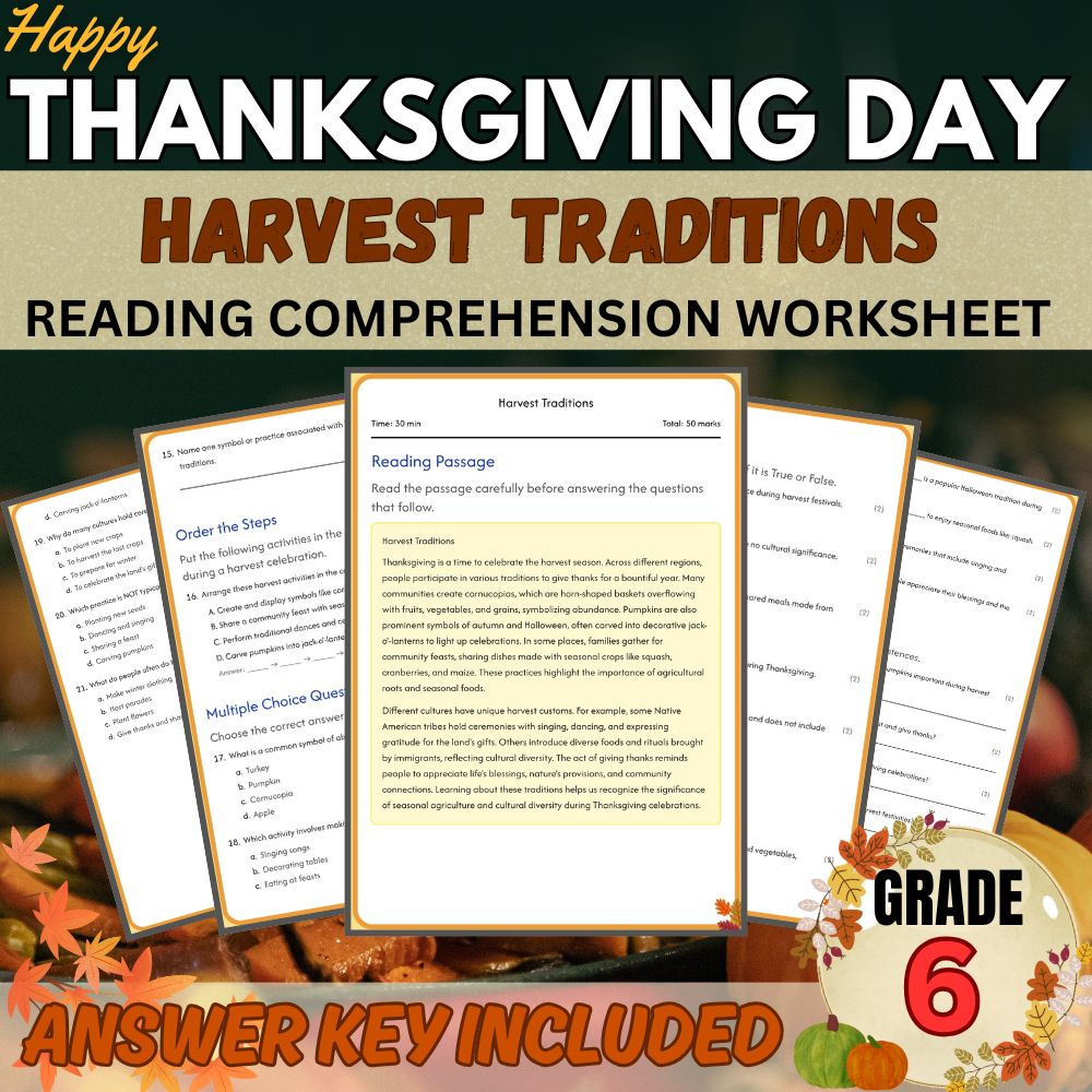Grade 6 | Happy Thanksgiving Worksheet for Harvest Traditions | PDF + Answer Key