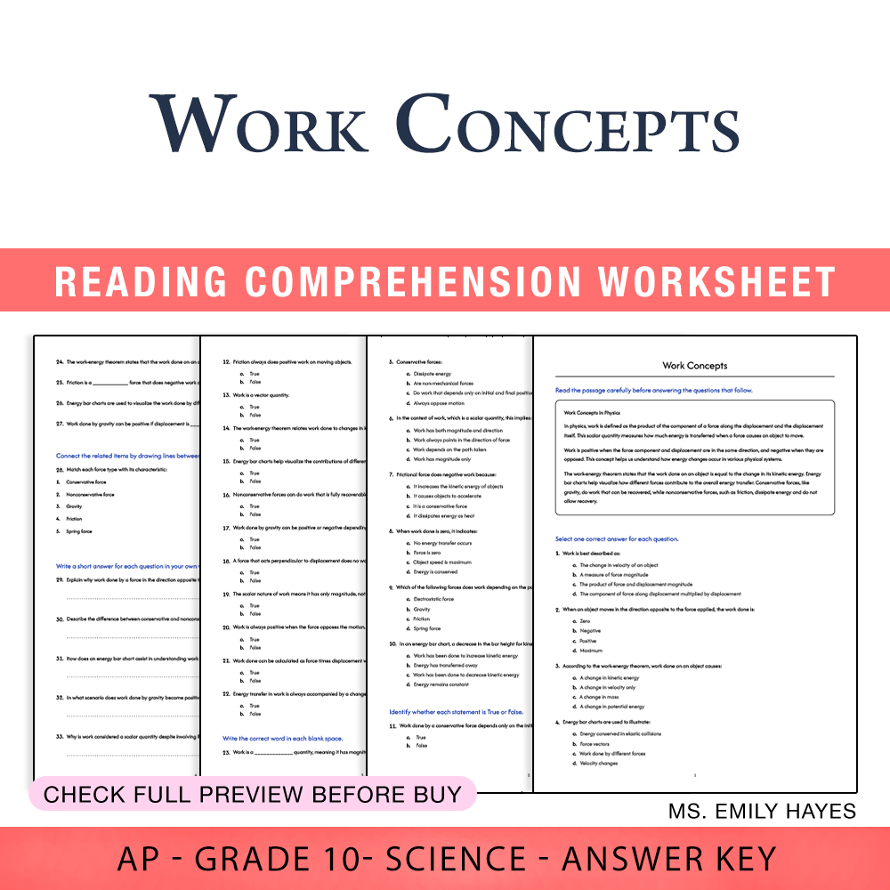 Grade 10 Science worksheet worksheet — 10th Grade Science | Work Concepts Worksheet (PDF+ Answer Key) — page 1