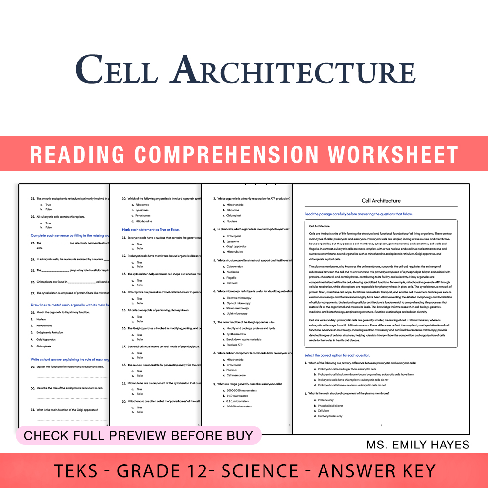 Grade 12 Science worksheet worksheet — Grade 12 Science | Cell Architecture Worksheet (PDF+ Answer Key) — page 1
