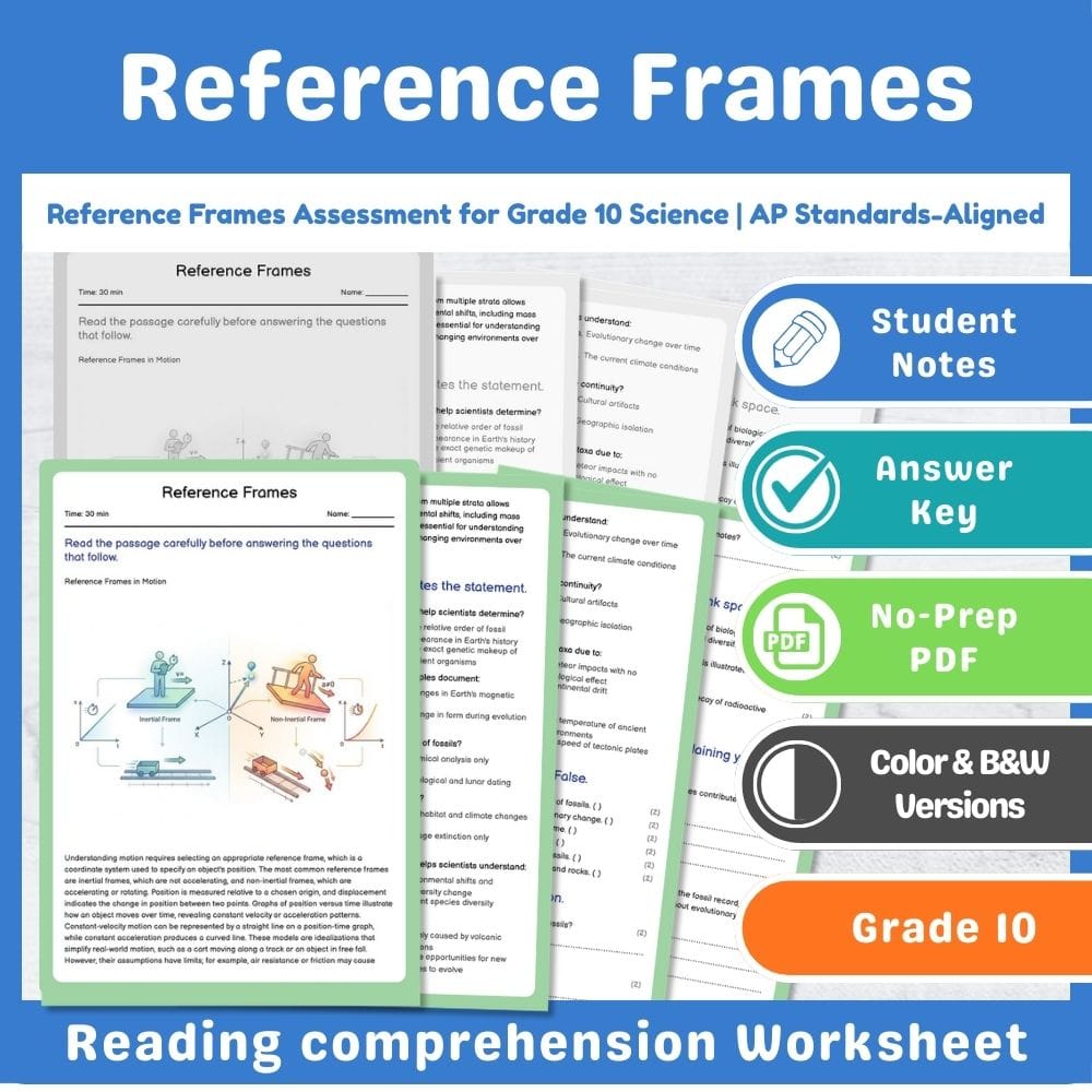 Grade 10 Science assessment worksheet — Reference Frames Assessment for Grade 10 Science | AP Standards-Aligned — page 1