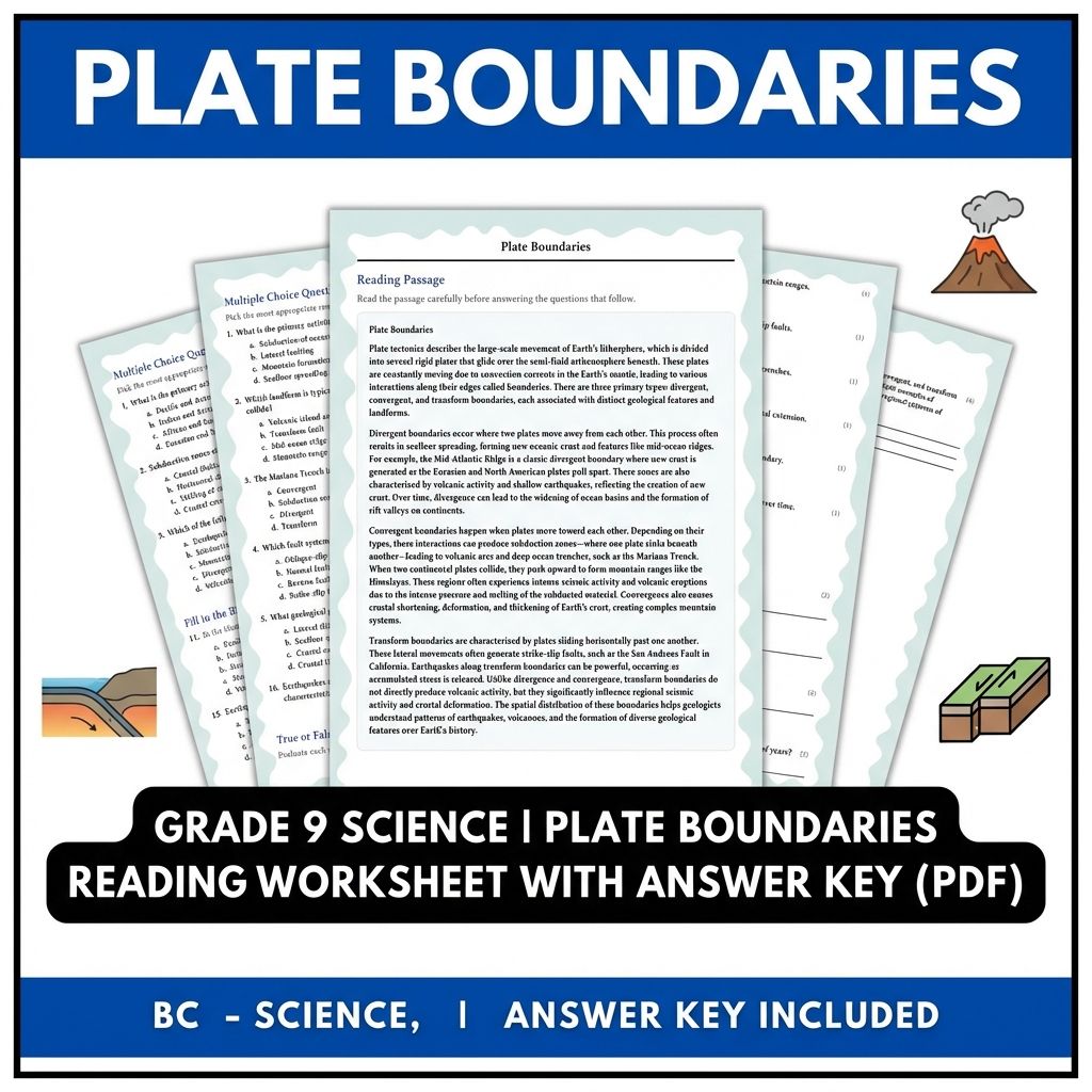 Grade 9 Science reading worksheets — Grade 9 Science | Plate Boundaries Reading Worksheet with Answer Key (PDF)