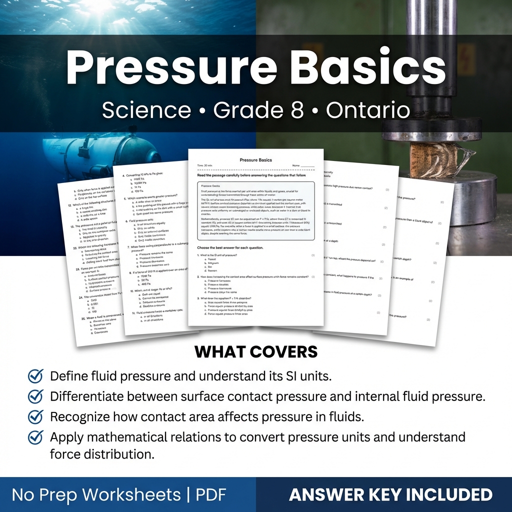 Pressure Basics Worksheet for Grade 8 Science | Ontario Standards