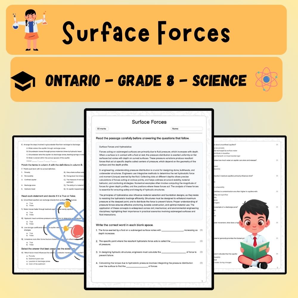 Grade 8 Science worksheet worksheet — Grade 8 Science | Surface Forces Worksheet – Hydrostatic Pressure & Force (PDF) — pa…