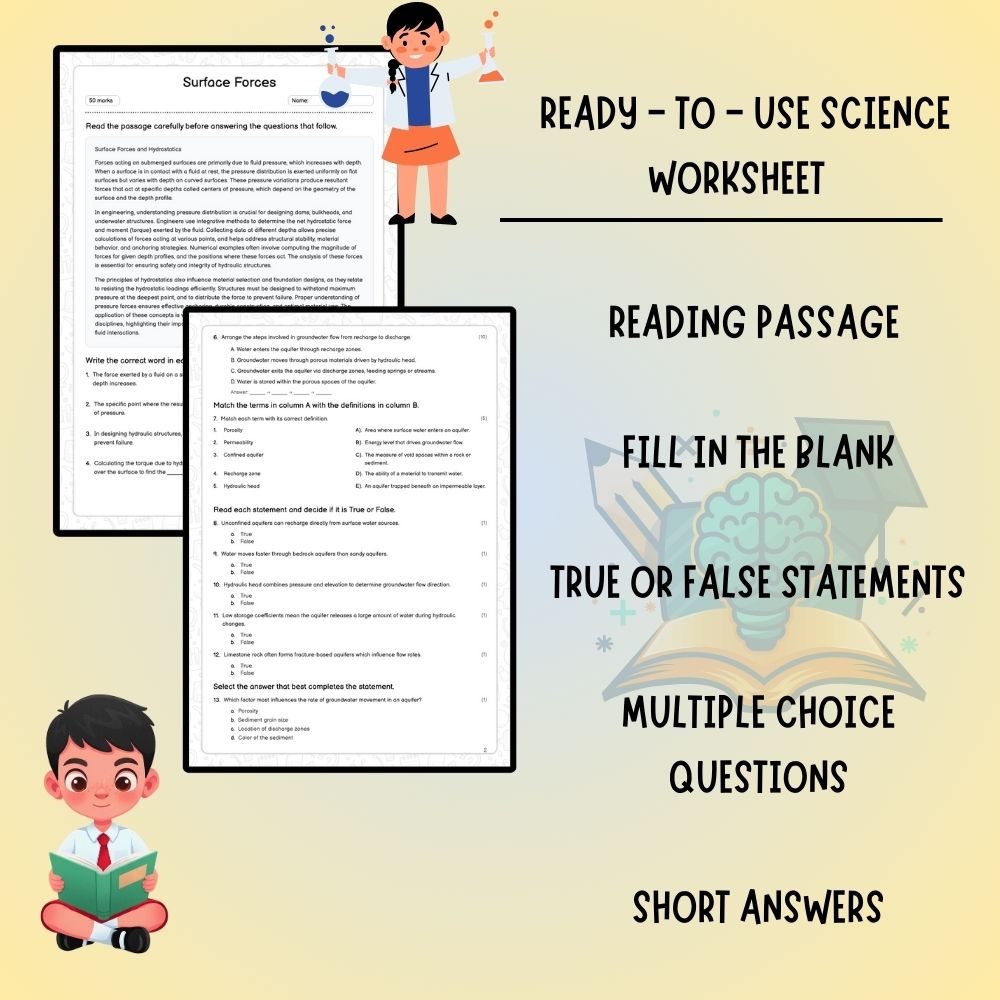 Grade 8 Science worksheet worksheet — Grade 8 Science | Surface Forces Worksheet – Hydrostatic Pressure & Force (PDF) — pa…