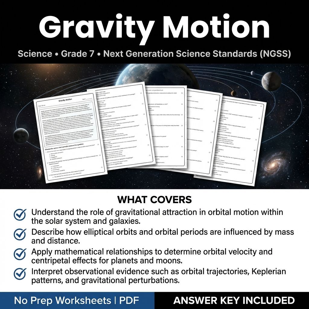 Grade 7 Science | Gravity Motion Worksheet & Answer Key (Printable PDF)