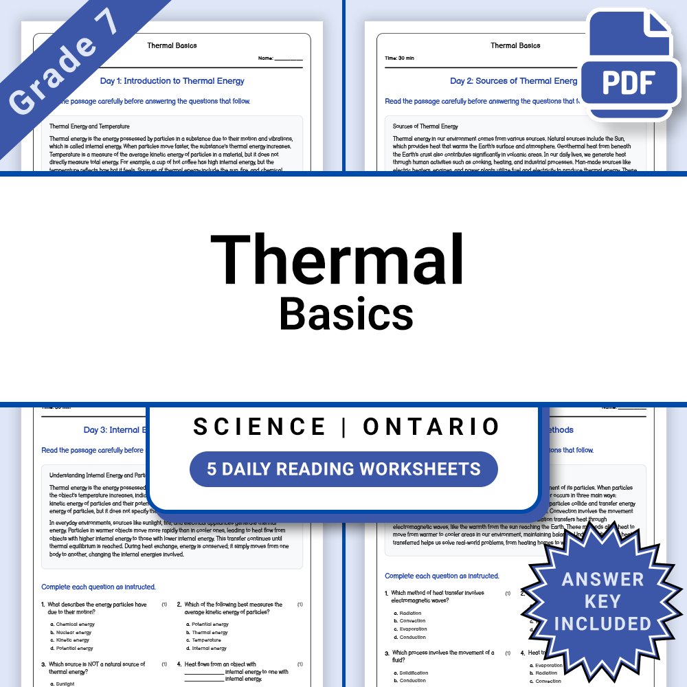 Grade 7 Science daily reading worksheet — Grade 7 Science – Thermal Basics Daily Reading Worksheet + Answer Key