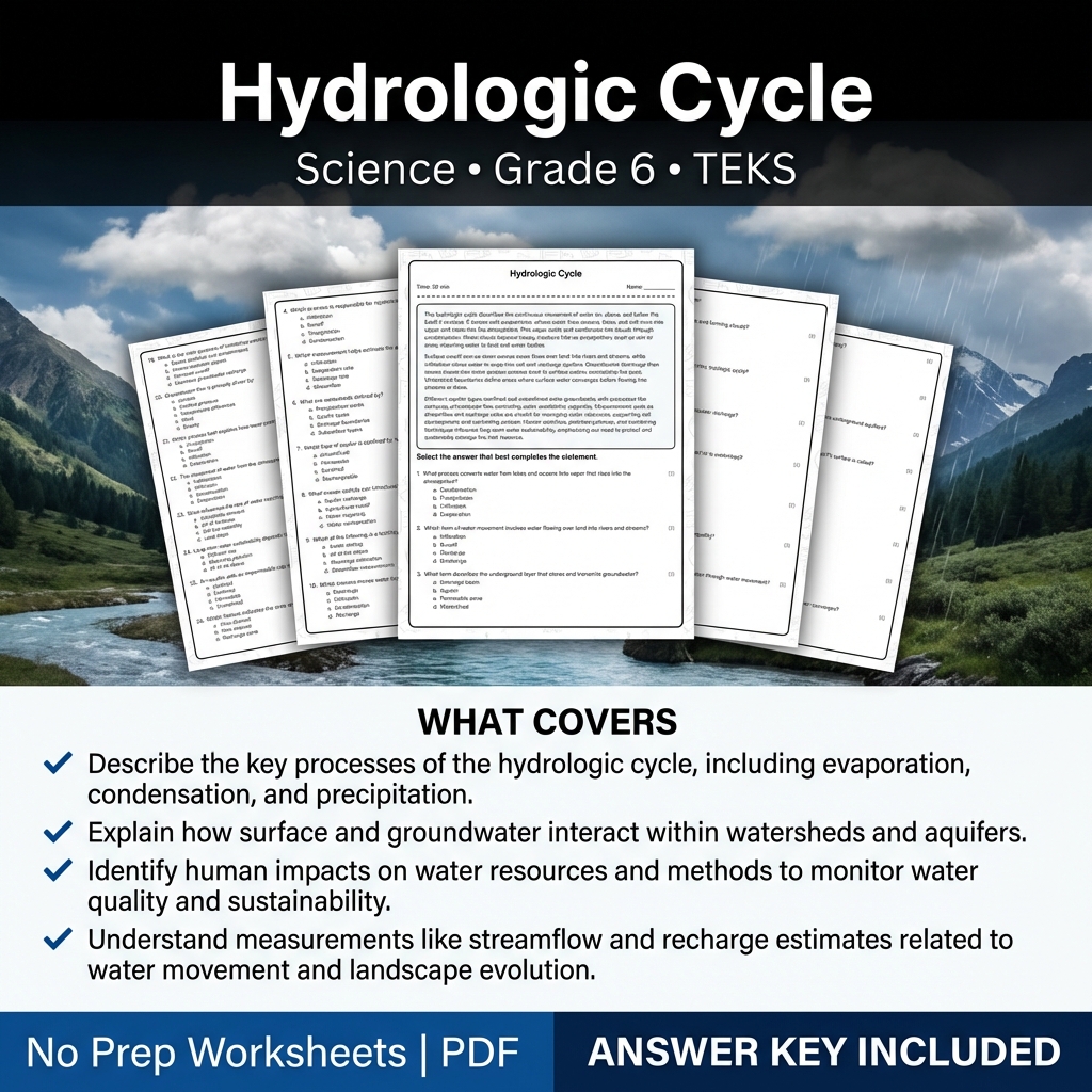 Hydrologic Cycle Science Worksheet for Grade 6 | TEKS Aligned