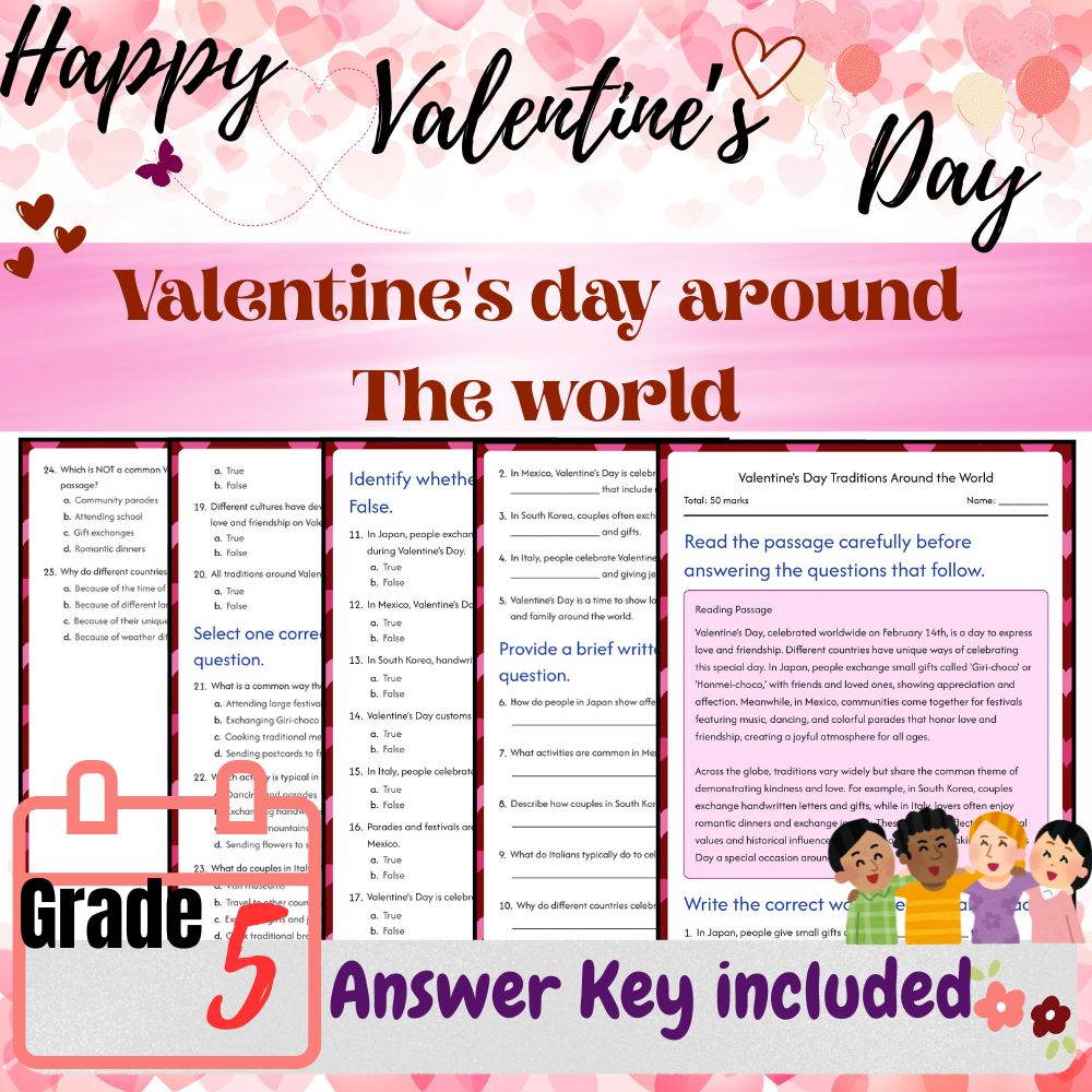 Grade 5 Seasonal Studying Bundle|Valentine's Day Symbols & Traditions Worksheets — included worksheet 3